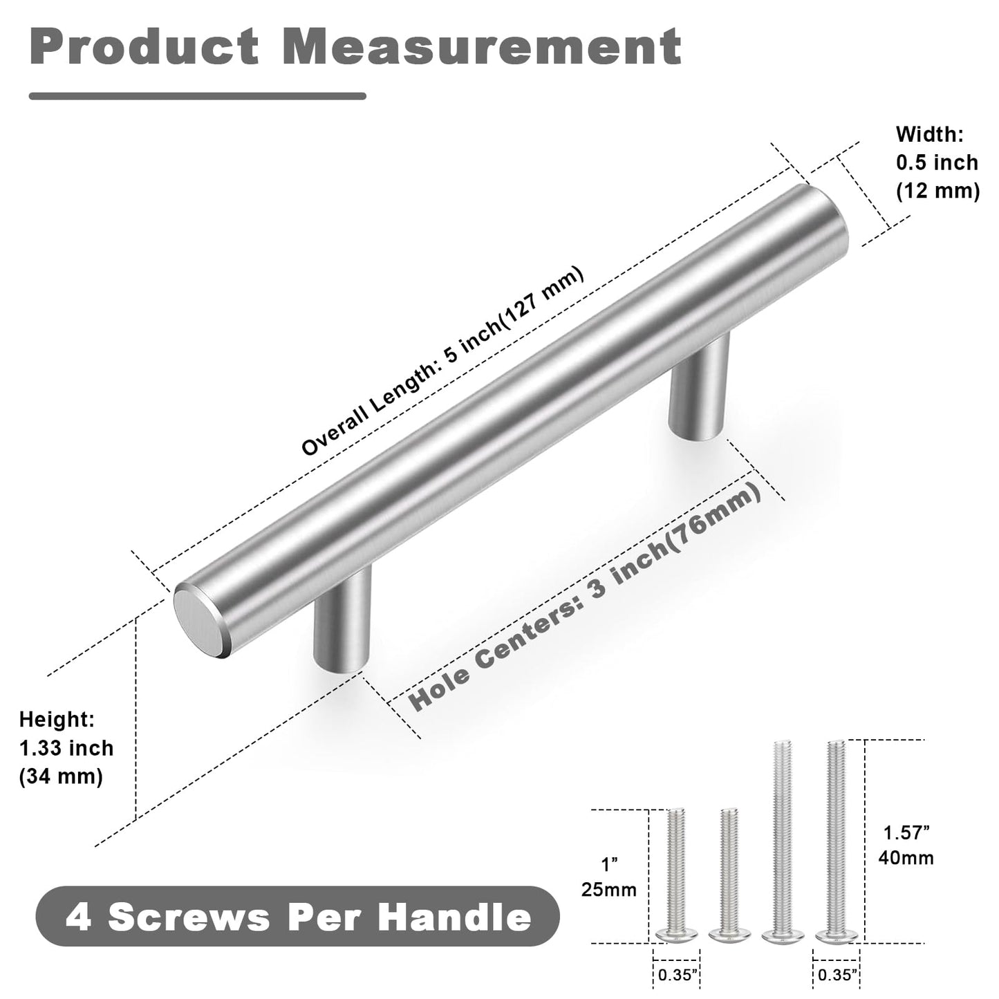 Estmoon 30 Pack Brushed Nickel Cabinet Handles 3 Inch Hole Center Drawer Pulls Stainless Steel Cabinet Pulls Silver Kitchen Handles Cabinet Hardware for Drawers, Cupboards - 5" Length, 3" Hole Center