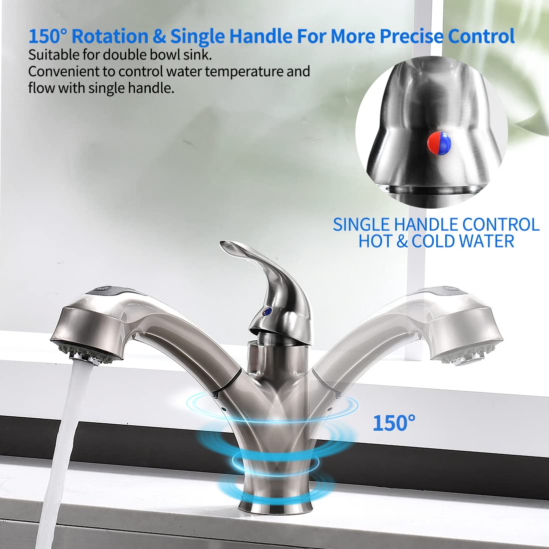 Kitchen Faucet with Sprayer, Brushed Nickel Kitchen Sink Faucet with Pull Out Sprayer, Single Handle 1 Hole Kitchen Faucets Solid Brass Commercial RV Kitchen Faucet 2 Modes & 150°Rotation & No Lead
