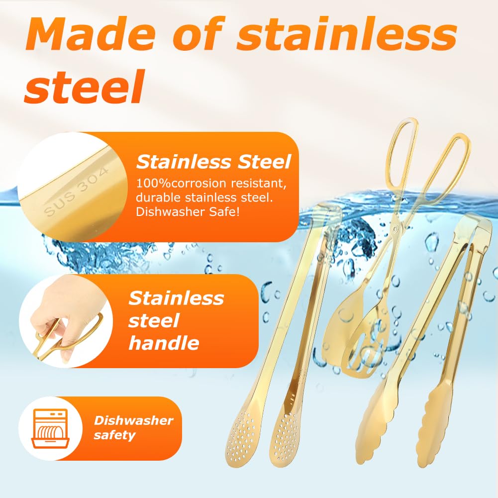 Serving Tongs,Stainless Steel Buffet Tongs, Kitchen Tongs Serving Utensils for Salad Buffet Appetizer Dessert Food Parties Wedding Party Catering, 3 Different Type Food Tongs(Gold)