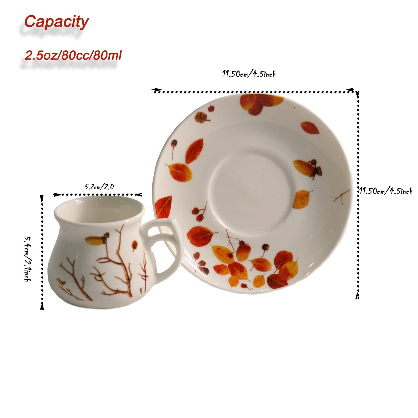 GuangYang 2.5 oz Espresso Cups and Saucers set of 6,Fall Design (Cute Shape for Double Espresso Shots, Ristretto, Macchiato,Café Cubano, and Turkish Coffee)