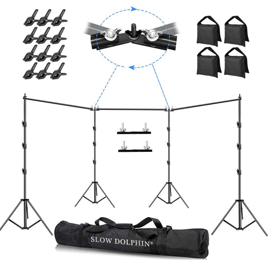 SLOW DOLPHIN Photo Video Studio 30ft (Wide) x 10ft (Tall), Degree Crossbar Rotatable, Angle Adjustable Triple Crossbar Extender Mount, Photography Background Support System, Sand Bags,Clamps