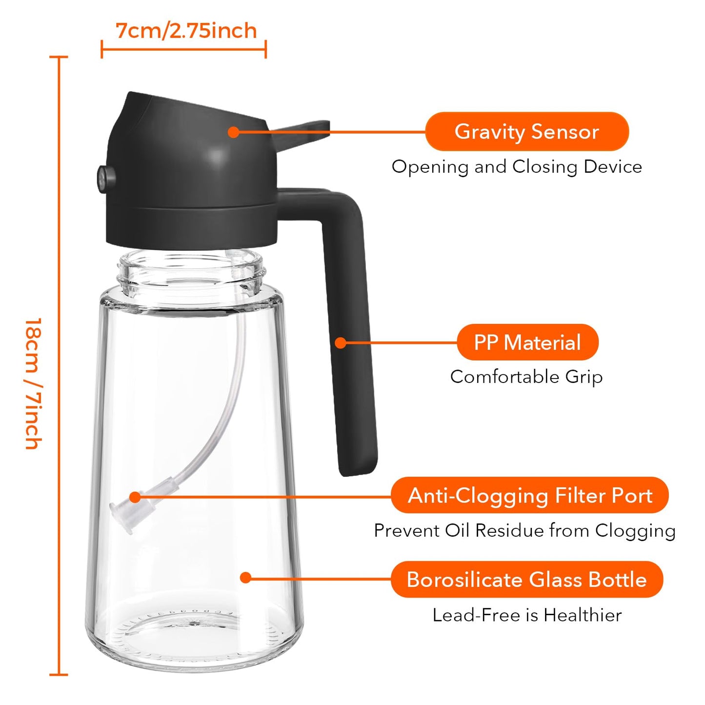 YARRAMATE 16oz/470ml Glass Olive Oil Sprayer for Cooking with Stickers, 2 in 1 Oil Dispenser for Kitchen Gadgets, Food Grade Premium Spray Bottle with Portion Control for Salad, Frying, BBQ (Black)