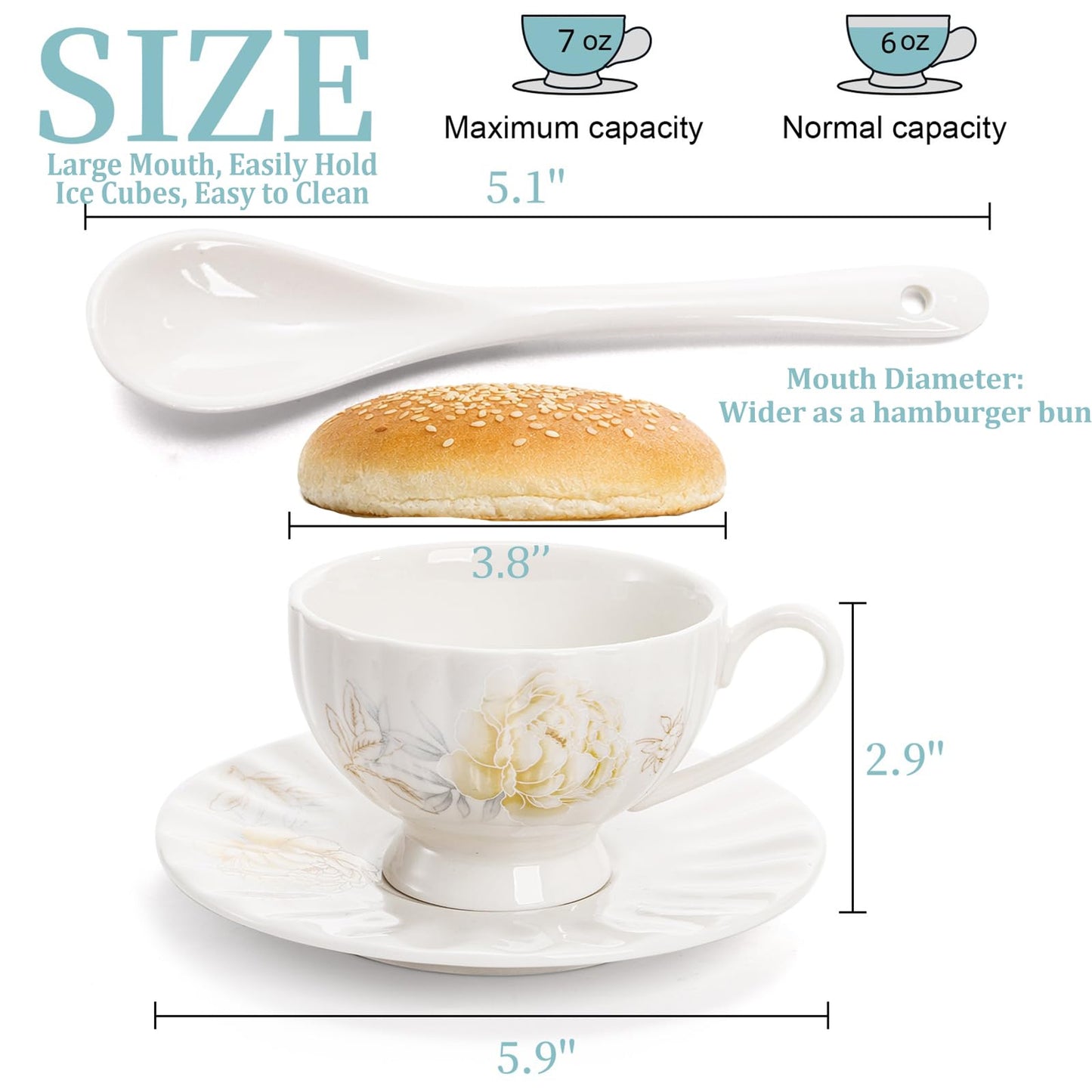 WRINGKIT Tea Cups and Saucers Set of 6, 7 Oz Floral Tea Cups, White Porcelain Tea Cup with Saucer, British Coffee Cups Sets for Women Teas Party, Cappuccino, Latte, Microwave Safe