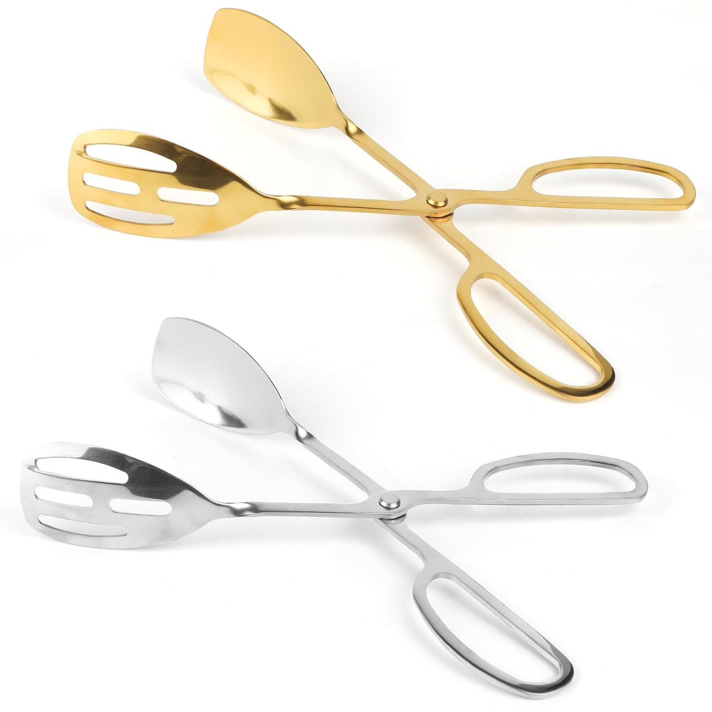 Salad Tongs for Serving 2 Pack, Gold & Silver Stainless Steel Scissor-Style Food Tongs, Heavy Duty Kitchen Serving Tongs for Buffet, Salad, Cake, Bread, Party & Picnic