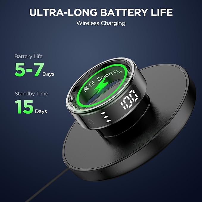 Smart Rings for Men with Display Screen, Fitness Ring with Wireless Charging, Sleep Tracker Ring with Heart Rate, Health Rings for Activity Monitoring/Steps/Calories, for iOS Android (Black,9#)