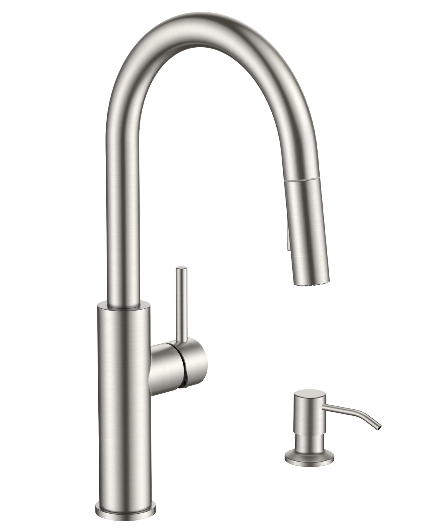 FORIOUS Kitchen Faucet with Soap Dispenser, Modern Brushed Nickel, Single Handle High Arc Stainless Steel Kitchen Sink Faucet with Pull Down Sprayer, 1 or 3 Hole Deck Mount for RV, Laundry, Outdoor