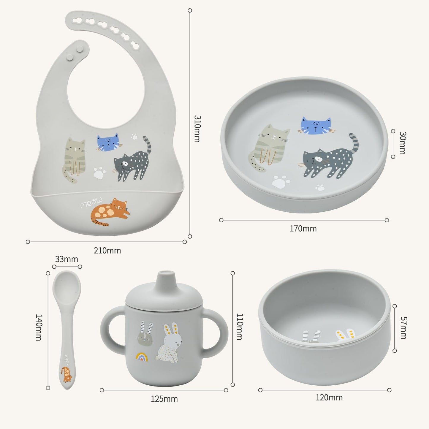 Imagination Junction silicone baby feeding set, Baby Led Weaning Supplies，Cutlery Feeding Supplies, Baby Utensils Feeding Essentials for Starting Solids，5 Piece Set (Gray)