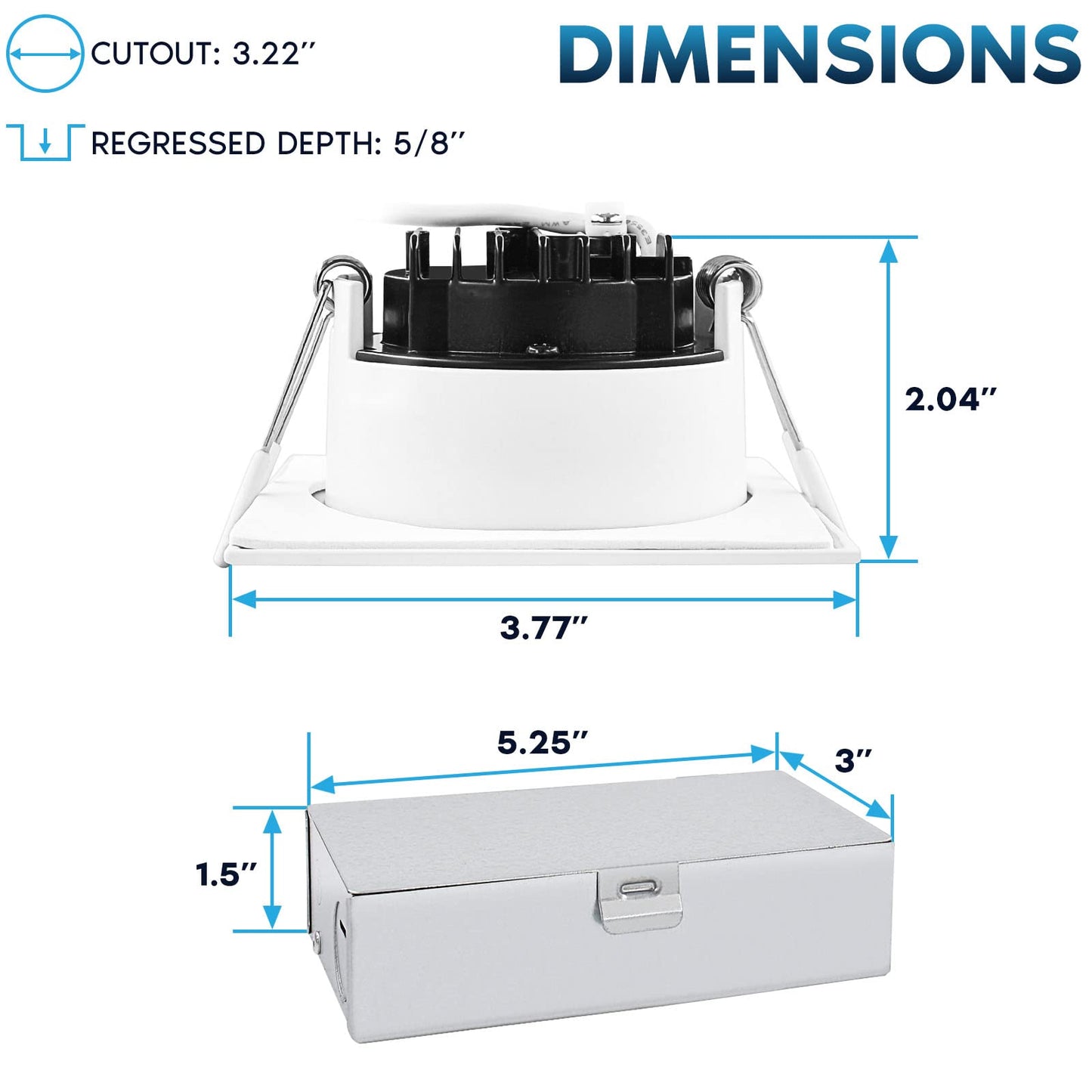 LUXRITE 3 Inch Square LED Recessed Ceiling Light with Junction Box, 10W, 5CCT Selectable 2700K/3000K/3500K/4000K/5000K, 800LM High Brightness, Dimmable Canless Downlight, Wet Rated, ETL (6 Pack)