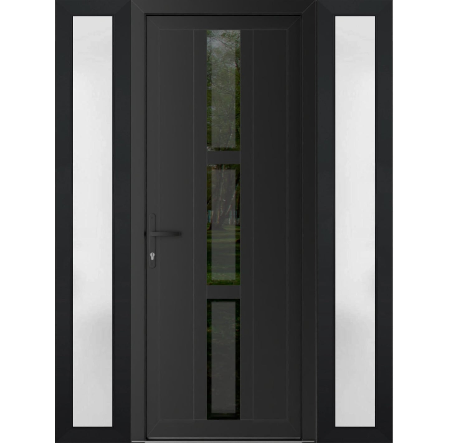 VDOMDOORS Front Exterior Prehung Metal-Plastic Door Frosted Glass | Manux 8112 Matte Black | 2 Side Sidelite Transoms | Residential Doors Entrance Patio Garage 64 x 80 (W14+36+14 x H80) Right-Inswing