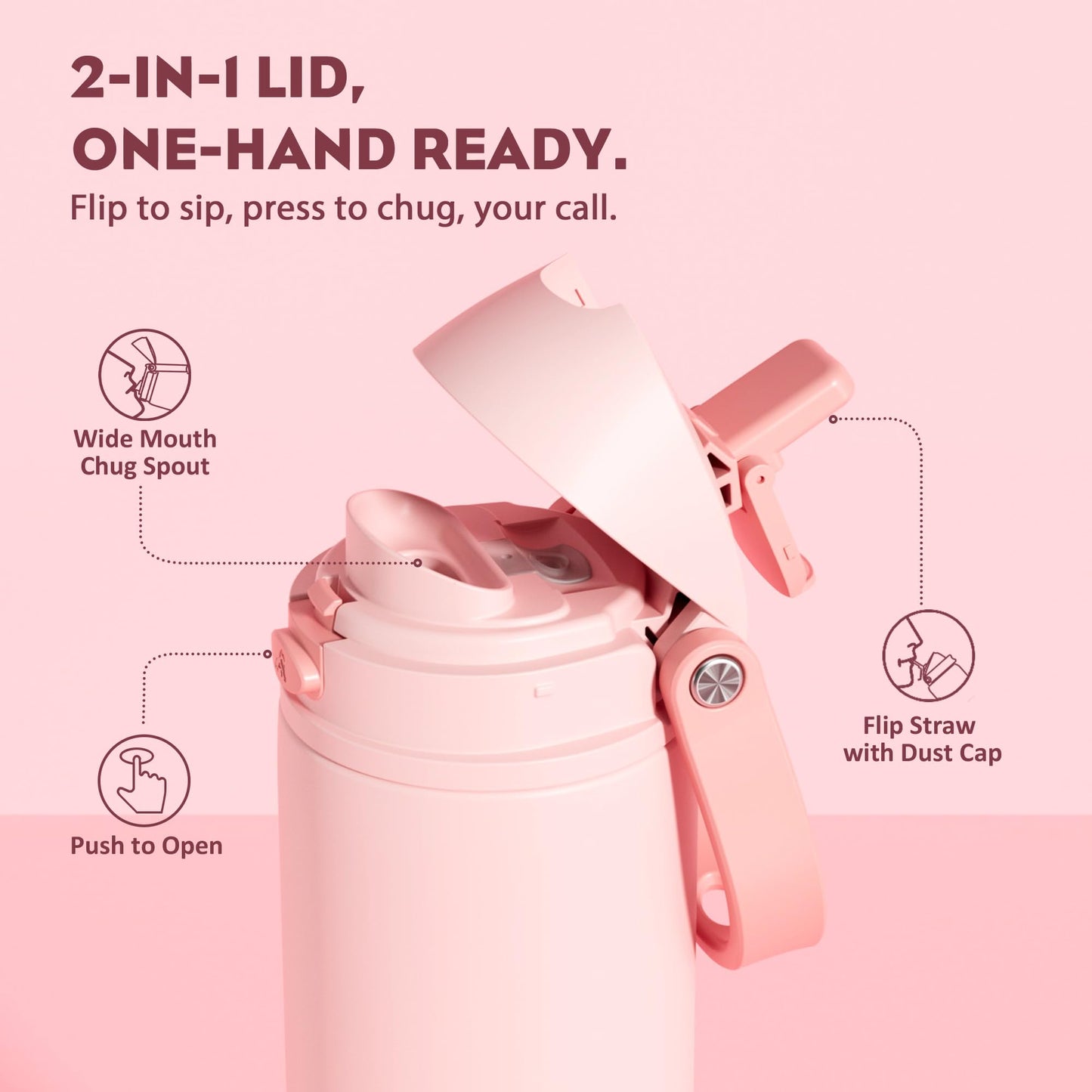 POWCAN 24 oz Insulated Water Bottle for Sports: 2-in-1 Lid with Push-Button Spout & Quick-Flip Straw, Leakproof, Car Cupholder Friendly, Stainless Steel for Gym, School, Travel (Cotton Candy)