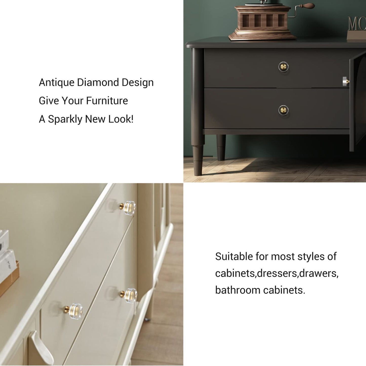 Guank 12-Pack 1-1/4-Inch White Cabinet Glass Crystal Brass knobs Brass Drawer Round Knobs Dresser Pulls, Gold Hardware Kitchen Closet knobs for Bifold Doors