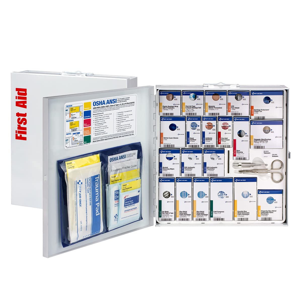 First Aid Only 746005 SmartCompliance 50-Person ANSI 2021 A and OSHA Compliant First Aid Cabinet for Restaurant Kitchen, Cafeteria, and Other Food Service Venues, Large Metal Cabinet