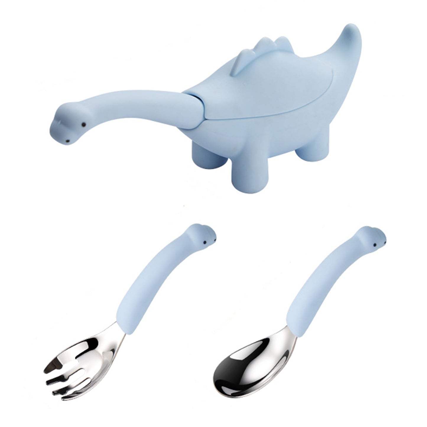 Toddler Utensils 2-Pack, Stainless Steel Baby Fork and Spoon Set with Cute Dinosaur Silicone Handles, Baby Kids Utensils, Children Safe Forks and Spoons, Dishwasher Safe (Blue)