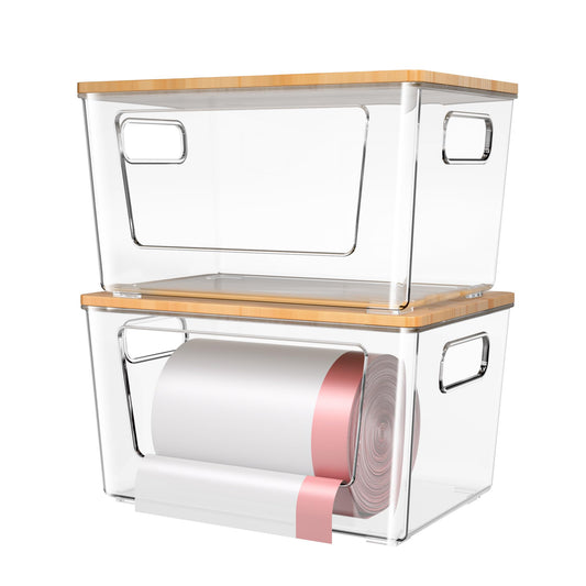 spospo 2 Pack Trash Bag Holder with Bamboo Lid, Stackable Trashbag Dispenser, Extra Large Garbage Bag Holder for Kitchen Laundry Room Under Sink Organization and Storage
