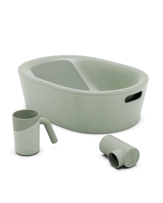 Lalo Bathtime Starter Kit - 3-Piece Set Includes Modern Baby Bathtub, Rinse Cup & Spout Cover - Safe, Easy to Clean Design for Newborns - 25.3 x 18 x 7.7 in, 10 lb - Sage