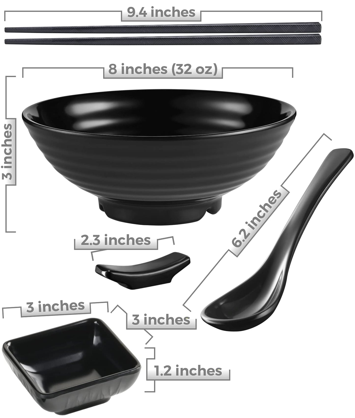 Unbreakable Ramen Bowl Set with Chopsticks and Spoon: 2 large Japanese Style Melamine Ramen Bowls, Dipping Bowls and Chopstick Stands for Asian Pho Soup Thai Miso Udon Wonton (2 Bowl Set, Black)