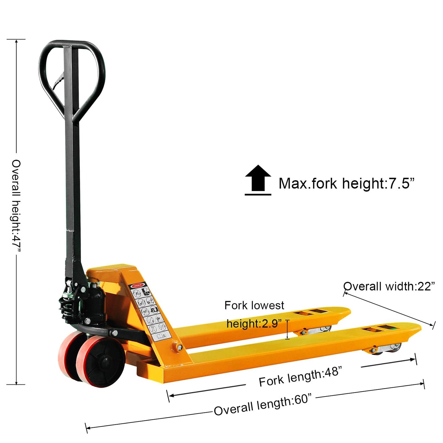 UNISOAR Industrial Duty Pallet Jack Truck with 27" W x 48" L Forks, 5500Lbs. Capacity, Dual PU Wheels, General Purpose Manual Pallet Truck for Warehouse, Manufacturing and Retail