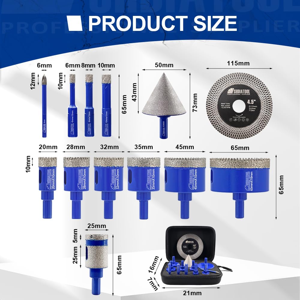Diamond Core Drill Bits Set 10PCS - DARTOTEK Tile Hole Saw Kit (6/6/8/20/35/50/65mm/20mm/2 SDS for Porcelain, Ceramic Tile, Granite, Marble, Masonry