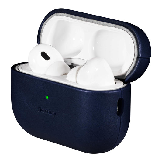 Belemay Handcrafted Full-Grain Vegetable-Tanned Leather Case for AirPods Pro 3rd Gen (2025), Classy Two-Tone Effect, Natural Patina, Compatible with MagSafe, Compatible with Airpods Pro 3, Navy Blue