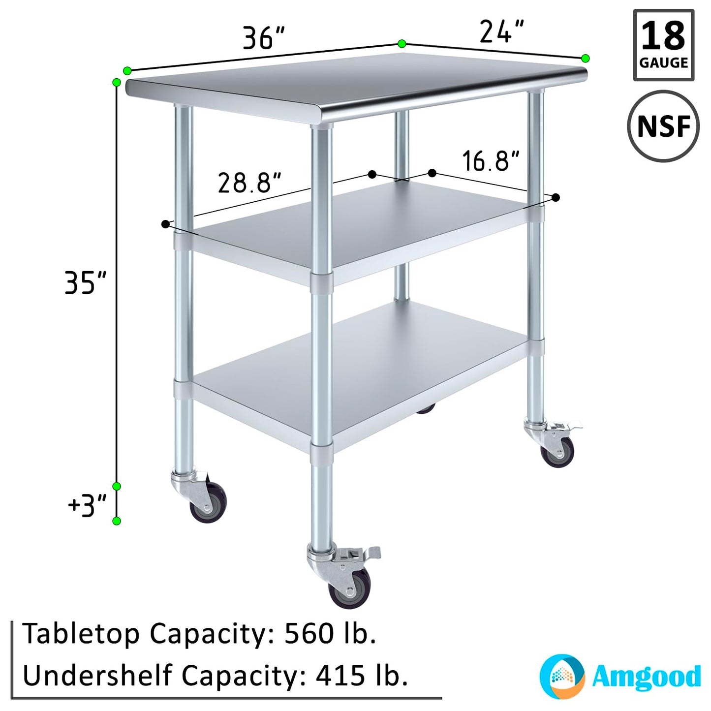 AmGood Stainless Steel Work Table with 2 Shelves and Casters | Metal Utility Table On Wheels (Stainless Steel Work Table with 2 Shelves + Casters, 36" Long x 24" Deep)
