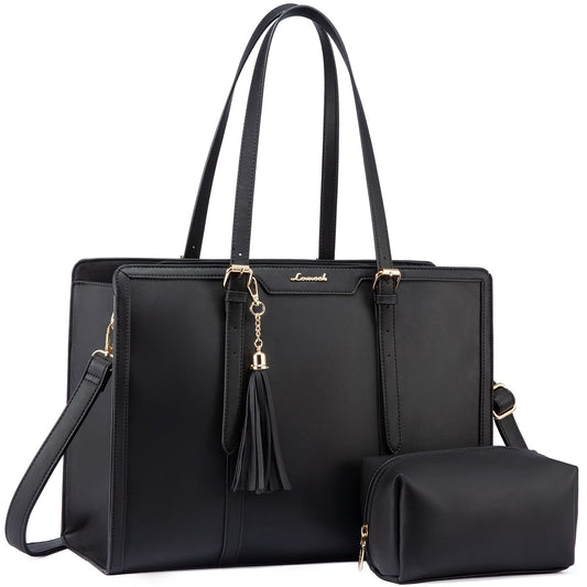 LOVEVOOK Laptop Bag for Women 15.6 inch Lightweight PU Laptop Tote Bag, Large Capacity Computer bag with Clutch Purse for Business, Work, Office, Travel, School,Casual(Black & Leather)