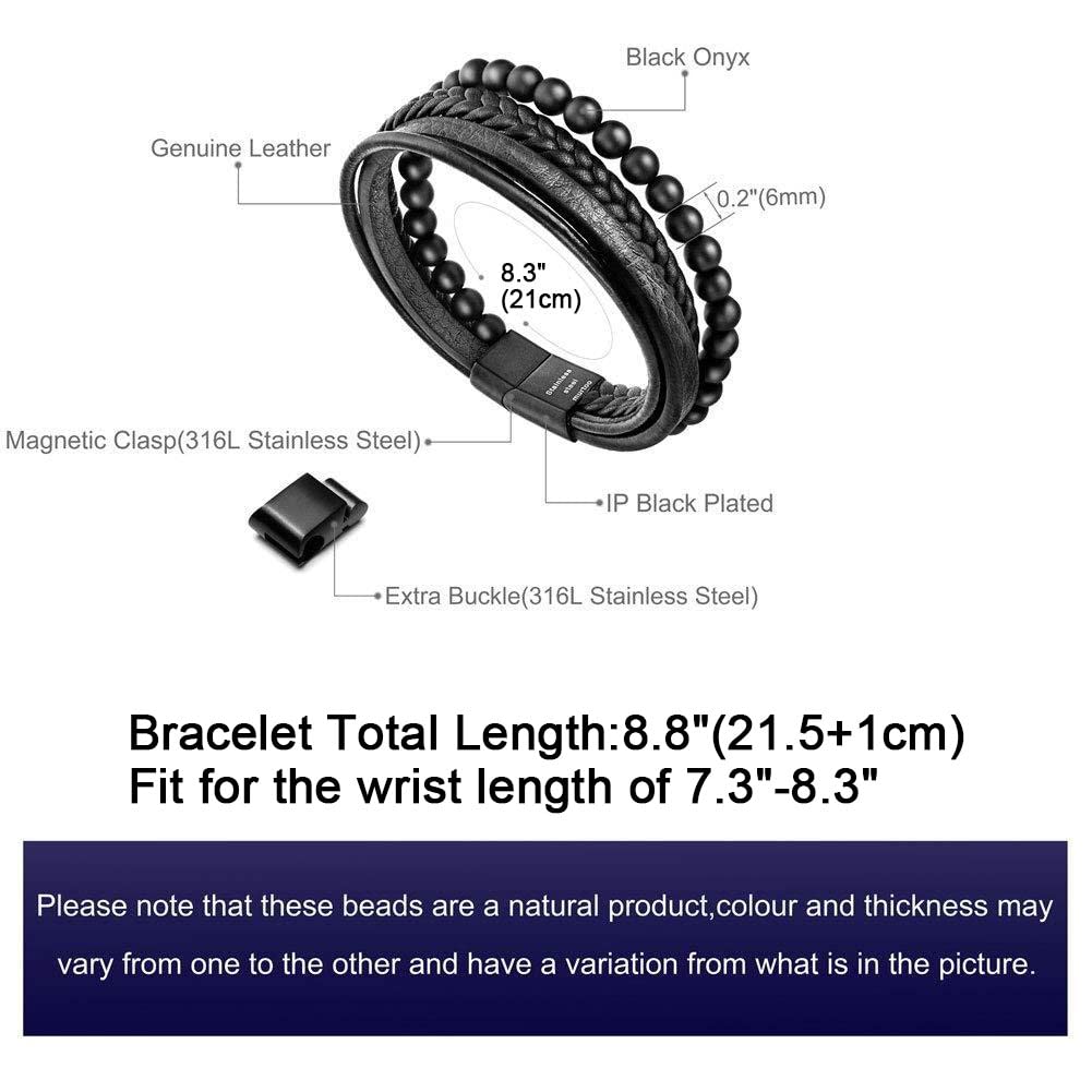 murtoo Mens Bead Leather Bracelet, Natural Bead, Steel and Leather Bracelet for Men Christmas Gift (black onyx bead)