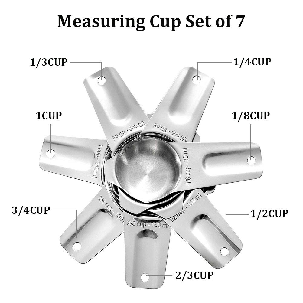 Measuring Cups Stainless Steel 7 Piece Stackable Set for Dry or Liquid Ingredients Measurement - Kitchen Gadgets & Utensils Metal Measuring Cups Best for Cooking & Baking