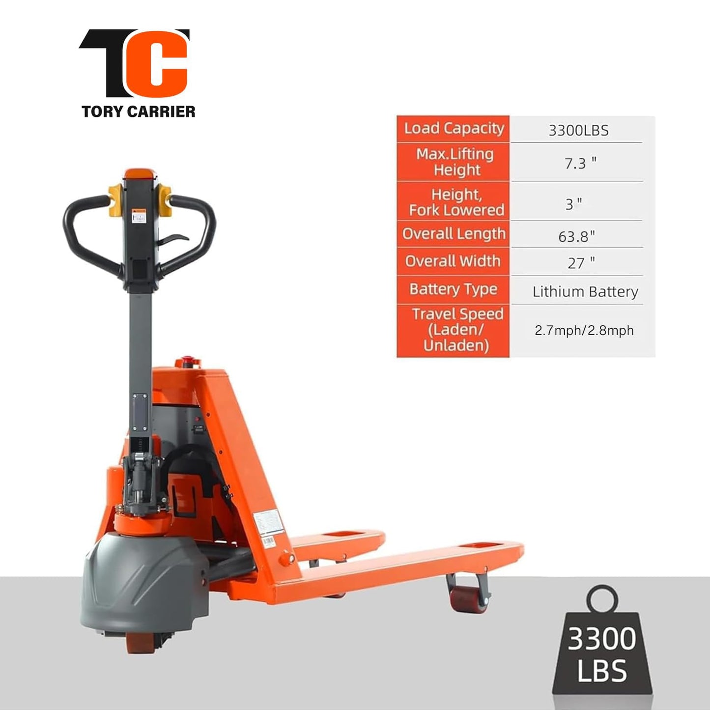 Full Electric Pallet Jack 3300Lbs Capacity, Lithium Powered Pallet Truck 48" x27" Fork Size, Walkie Pallet Lift Trucks for Factory, Warehouse, Supermarket, Multifunctional Handle with Extra Battery