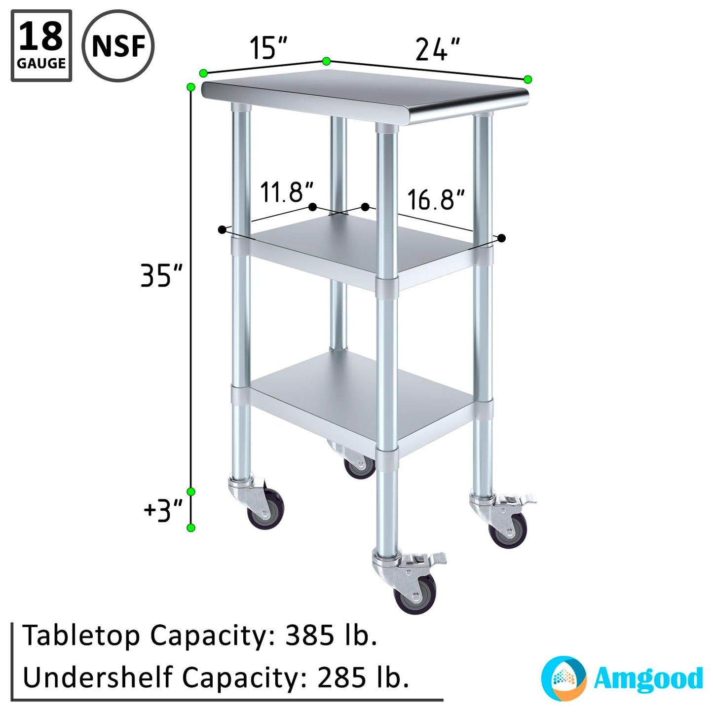 AmGood Stainless Steel Work Table with 2 Shelves and Casters | Metal Utility Table On Wheels (Stainless Steel Work Table with 2 Shelves + Casters, 15" Long x 24" Deep)