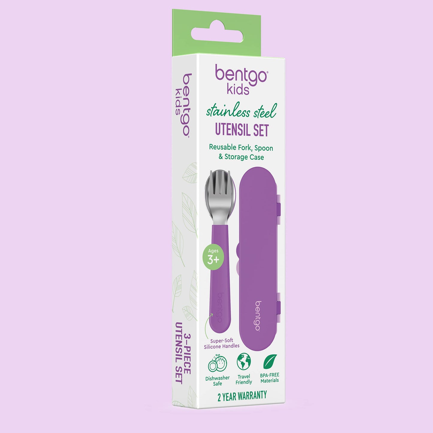 Bentgo Kids Stainless Steel Utensil Set - Reusable Fork, Spoon & Storage Case, PFAS- & BPA-Free, Easy-Grip Handles, Lightweight, Dishwasher Safe, School Lunch, Travel & Outdoors (Purple)
