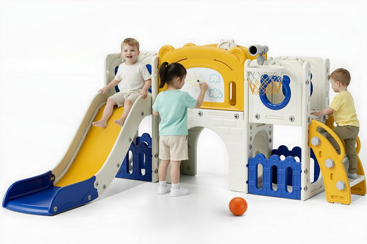 Arlopu 10-in-1 Large Toddler Slide Set, Kids Slide Climber Playset with Drawing Board, Basketball Hoop, Sturdy Baby Playground, Indoor Outdoor Playhouse for Boys and Girls Upgraded (Yellow & Blue)