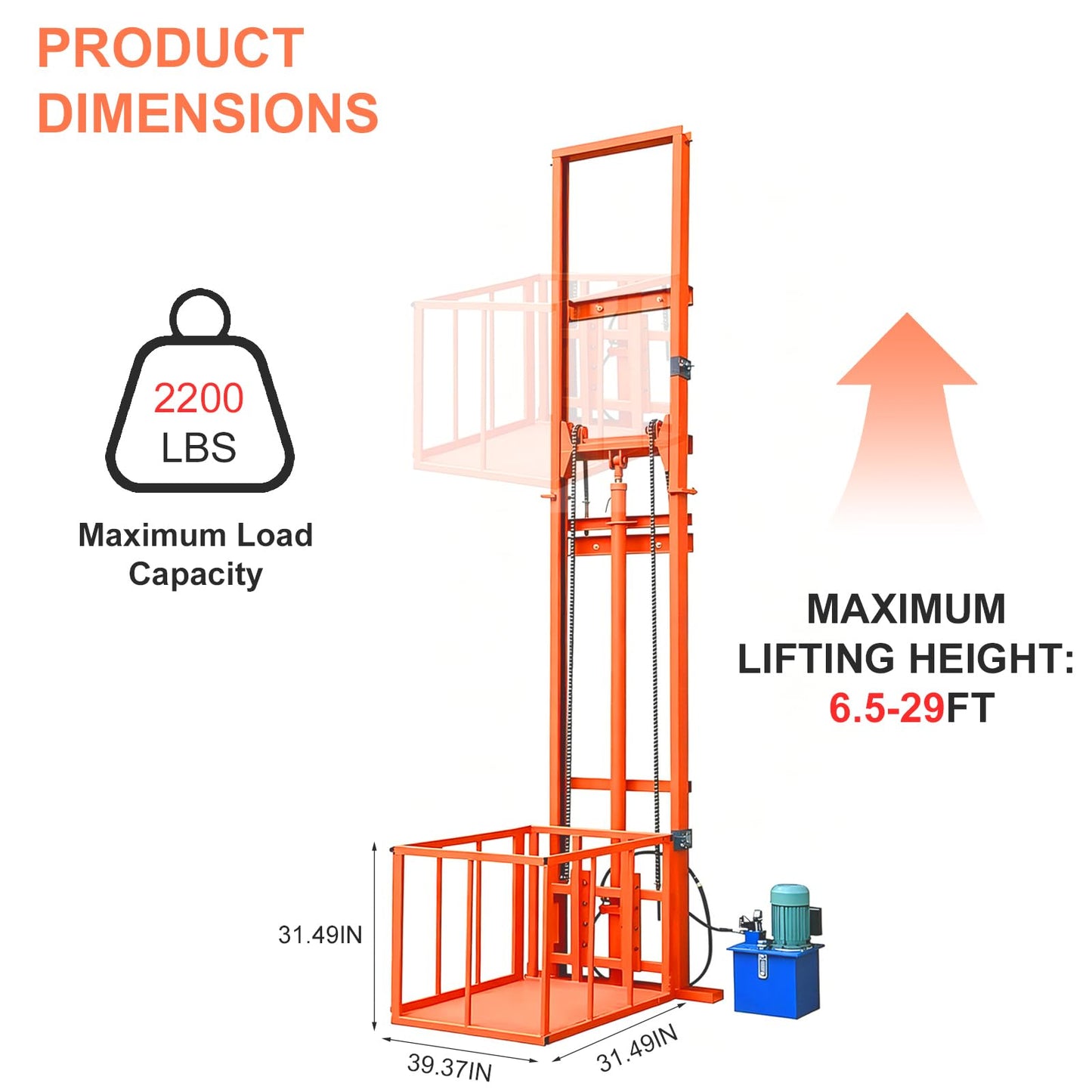 Hydraulic Freight Elevator System, 2200lbs 1-Ton Electric Cargo Lift Platform, Wall-Mounted Rail Guide VRC Mezzanine Hoist with 2500W Pump for Warehouse, Factory, Home Garage (9.8FT Lifting Height)