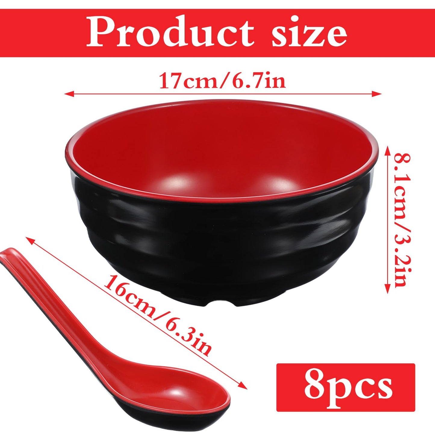 wutfuooo 8 Pack Melamine Noodle Soup Bowls, 32OZ Large Japanese Ramen Bowl Set with Spoon, Unbreakable Miso Soup Cereal Bowls for Ramen, Udon, Soba, Pho and Soup