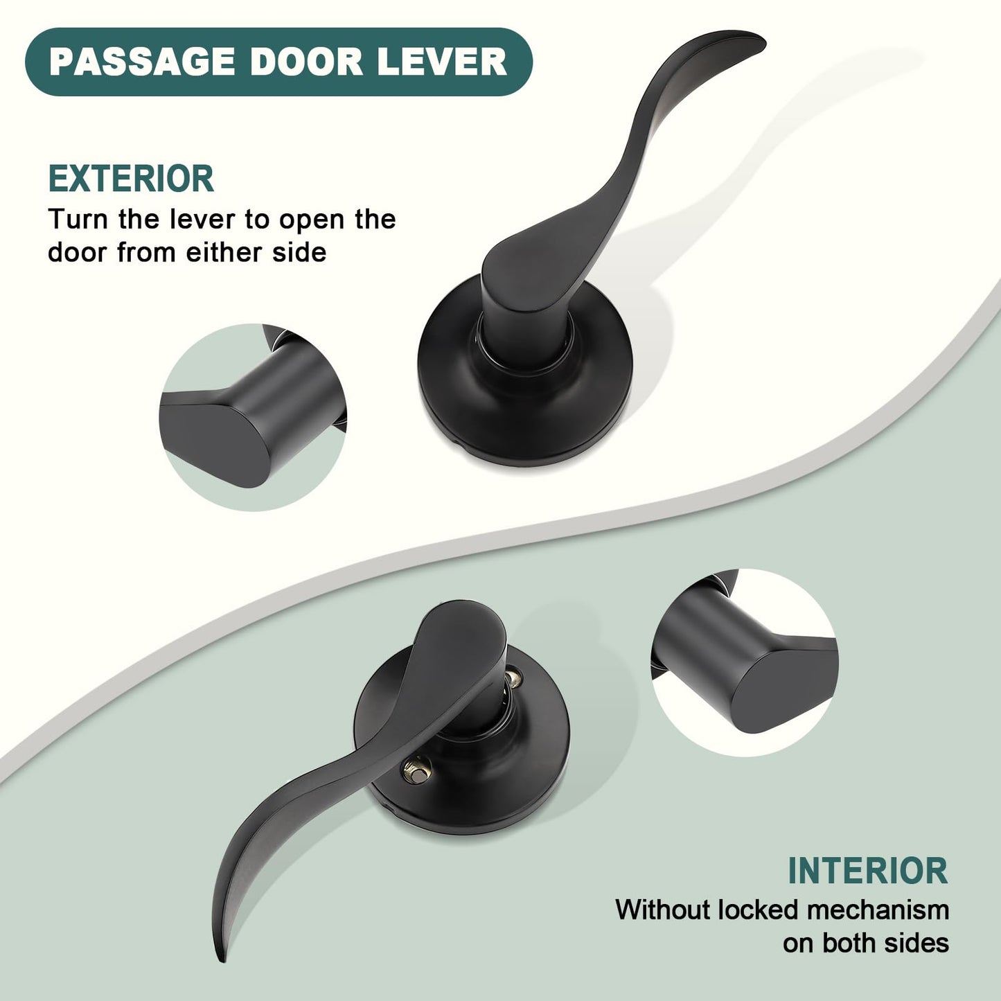 GOBEKOR 3 Pack Passage Door Levers Hallway Closet Door Handles Interior Door Handle with Lock Keyless Matte Black Wave Door Handle Lever Set