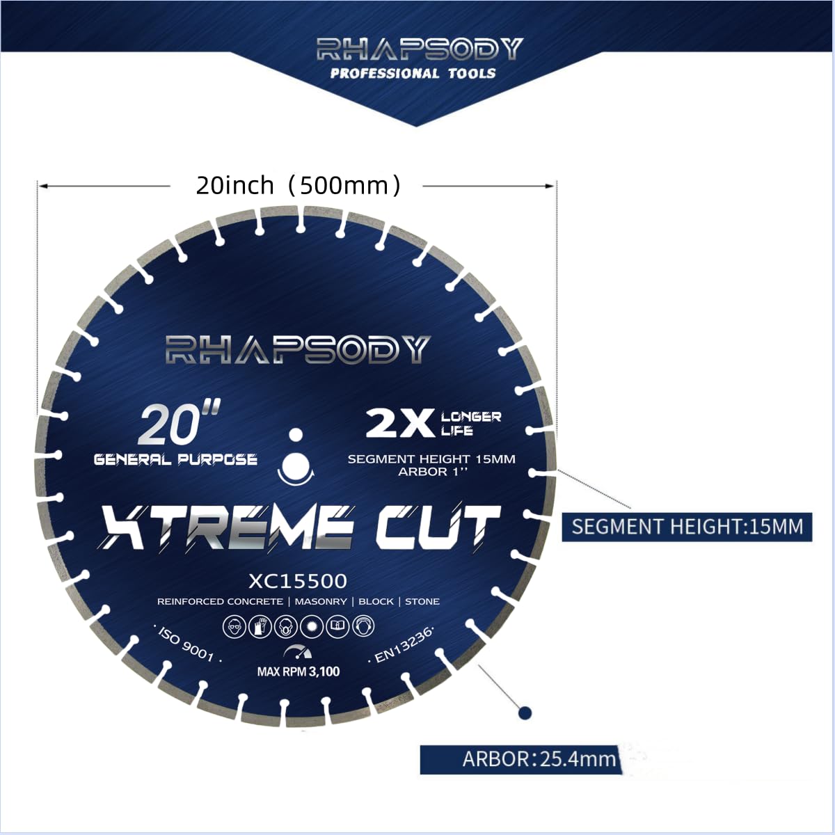 RHAPSODY 20 Inch Diamond Concrete Saw Blade, Segmented General Purpose Blade Dry/Wet Cutting Concrete, Reinforced Concrete, Masonry, Brick, Block,1" Arbor