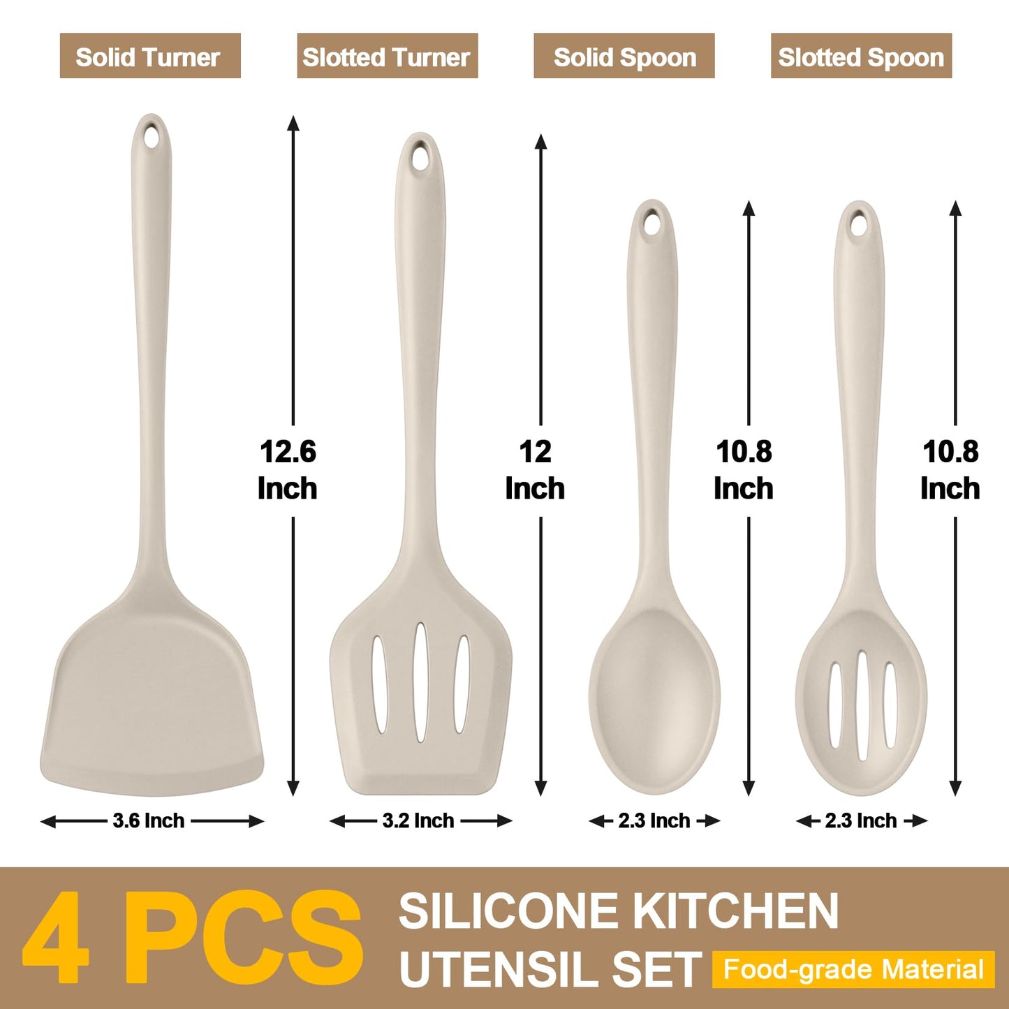 P&P CHEF Kitchen Utensil Set, 4 Pieces Non-stick Silicone Cooking Utensils, Heat-resistant Slotted Solid Spoon Turner for Frying, Mixing, Serving, Non-toxic & Easy to Clean, Khaki