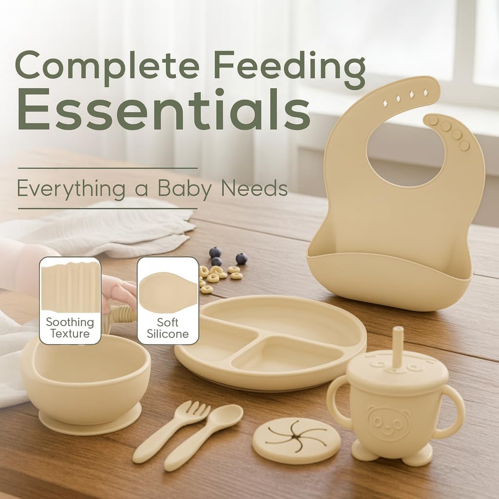 Happy Munchkins Silicone Baby Feeding Set | 9 PCS Baby Led Weaning Supplies Feeding Utensils | Divided Suction Plate Bowl Bib Cup Baby Spoons Forks | Toddler Eating Essentials-6+ Months (Beige)