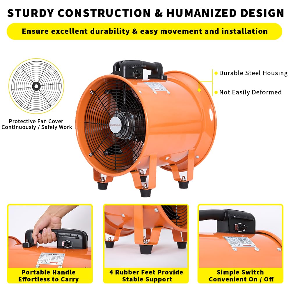 Utility Blower Fan 12 Inch, 550W High Velocity Ventilator with Duct Hose, Low Noise Portable Ventilation Fan, Fume Extractor for Exhausting & Ventilating at Home and Job Site (12IN FAN+16FT HOSE)