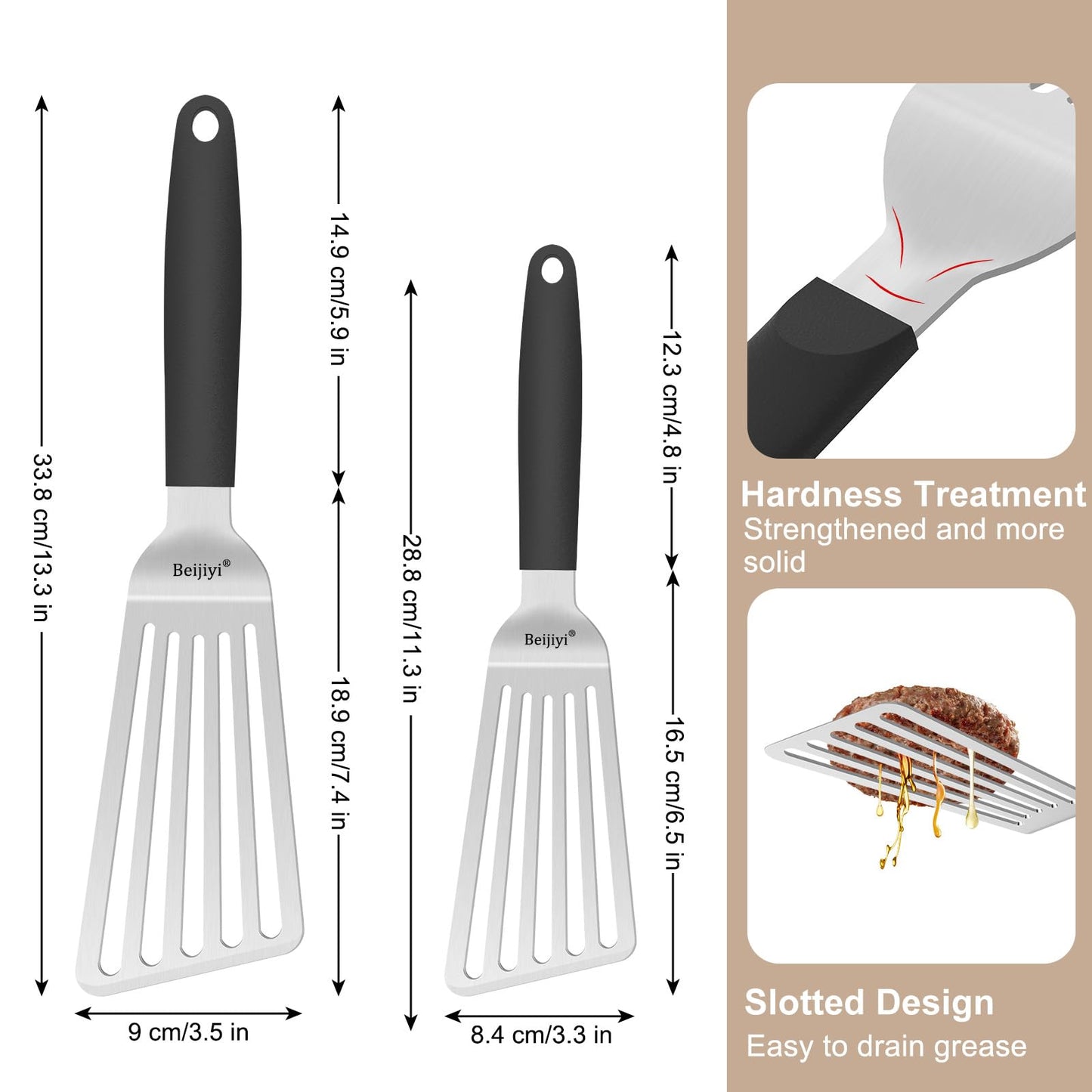 Beijiyi Stainless Steel Fish Spatula Set, 13.3"&11.3" Slotted Turner with Ultra Thin Beveled Edge, Heat Resistant Silicone Handle, Dishwasher Safe Metal Cooking Utensils for Fish, Egg, Burgers