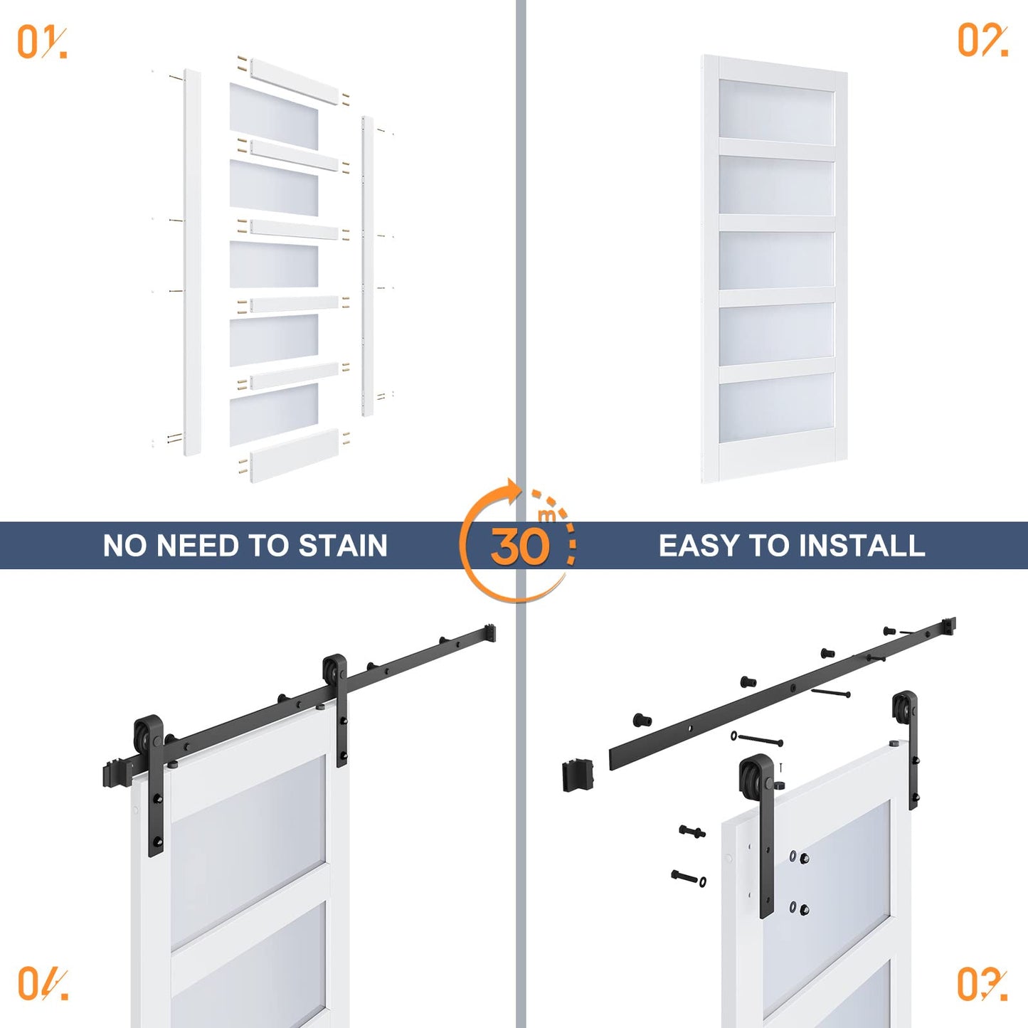 ROYMELO 28x80 Inch Glass Sliding Barn Door Slab and 5ft Hardware Kit Included, 5 Frosted Glass, LVL Wood Panel Covered with White Water-Proof Scratch-Proof PVC Surface, Simple DIY Assembly