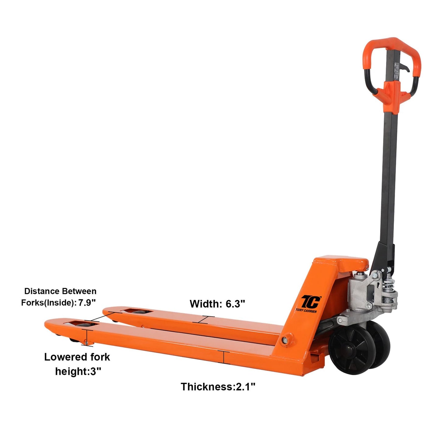 Tory Carrier Pallet Jack Hand Truck Manual Pallet Jacks 5500-Lb. Capacity 21W x 48L Forks Standard Duty, Rubber Handle, Nylon Wheels
