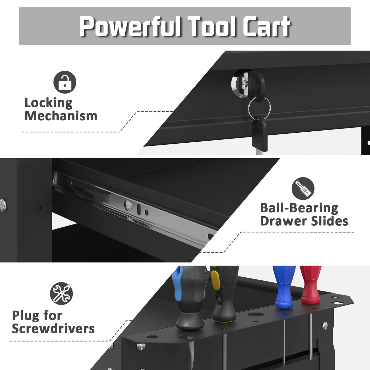 Pelnuies 3 Tier Rolling Tool Cart with Drawers, 400 LBS Capacity Mechanic Tool Cart on Wheels, Heavy Duty Utility Cart with Pegboard, Metal Work Cart for Garage and Repair Shop, Matte Black