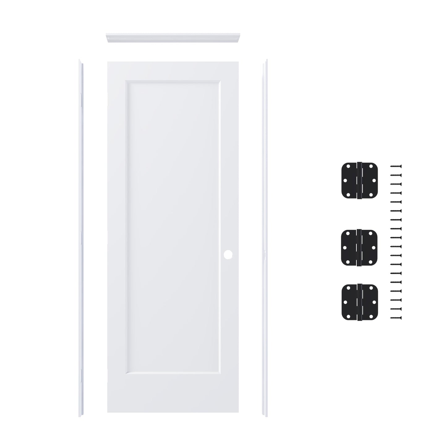 JUBEST 30"x80" Right-Hand Prehung Interior Door with Knock Down Jamb Kit & Matte Black Hinges, 1-Panel White Primed Hollow Core Molded Door Slab with Bore & Hinge Cutout, Durable & Sturdy, No Handle