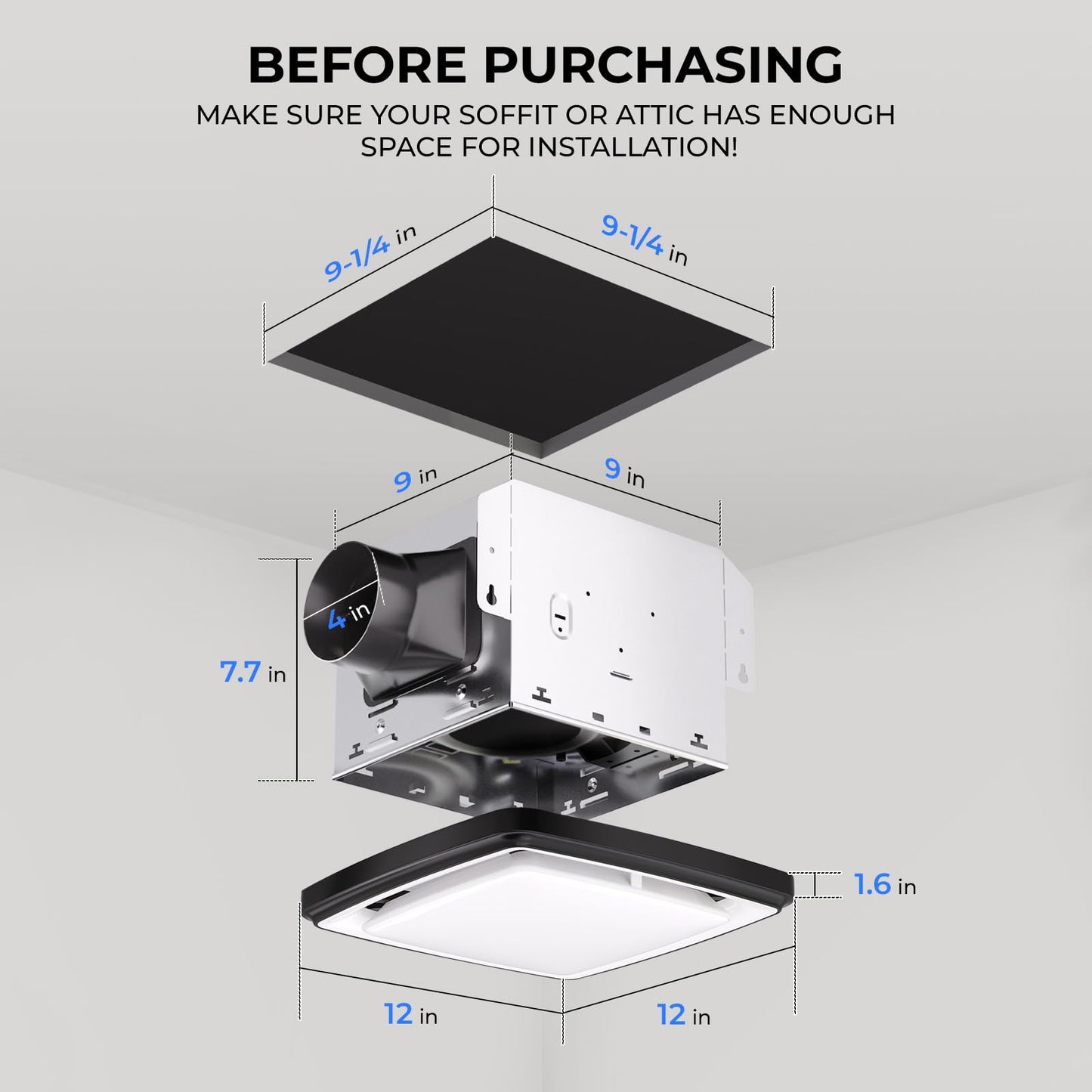 Akicon Bathroom Exhaust Fan with RGB Light, 110 CFM 1.5 Sones Bathroom Vent Fan with Humidity Sensor & Dimmable 3CCT LED Light, Square, Black, No Wall Switch Required