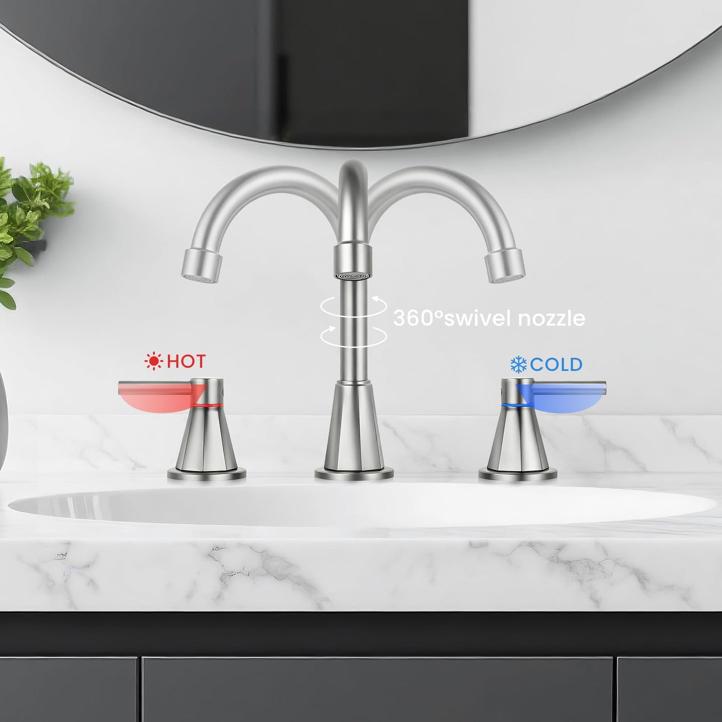 LUFG Bathroom Faucet 3 Hole, Brushed Nickel Bathroom Sink Faucet with 360°Swivel Spout, 8 inch Widespread 2 Handle Faucet for Bathroom Sink Vanity RV with Pop-up Drain Supply Line Stainless Steel