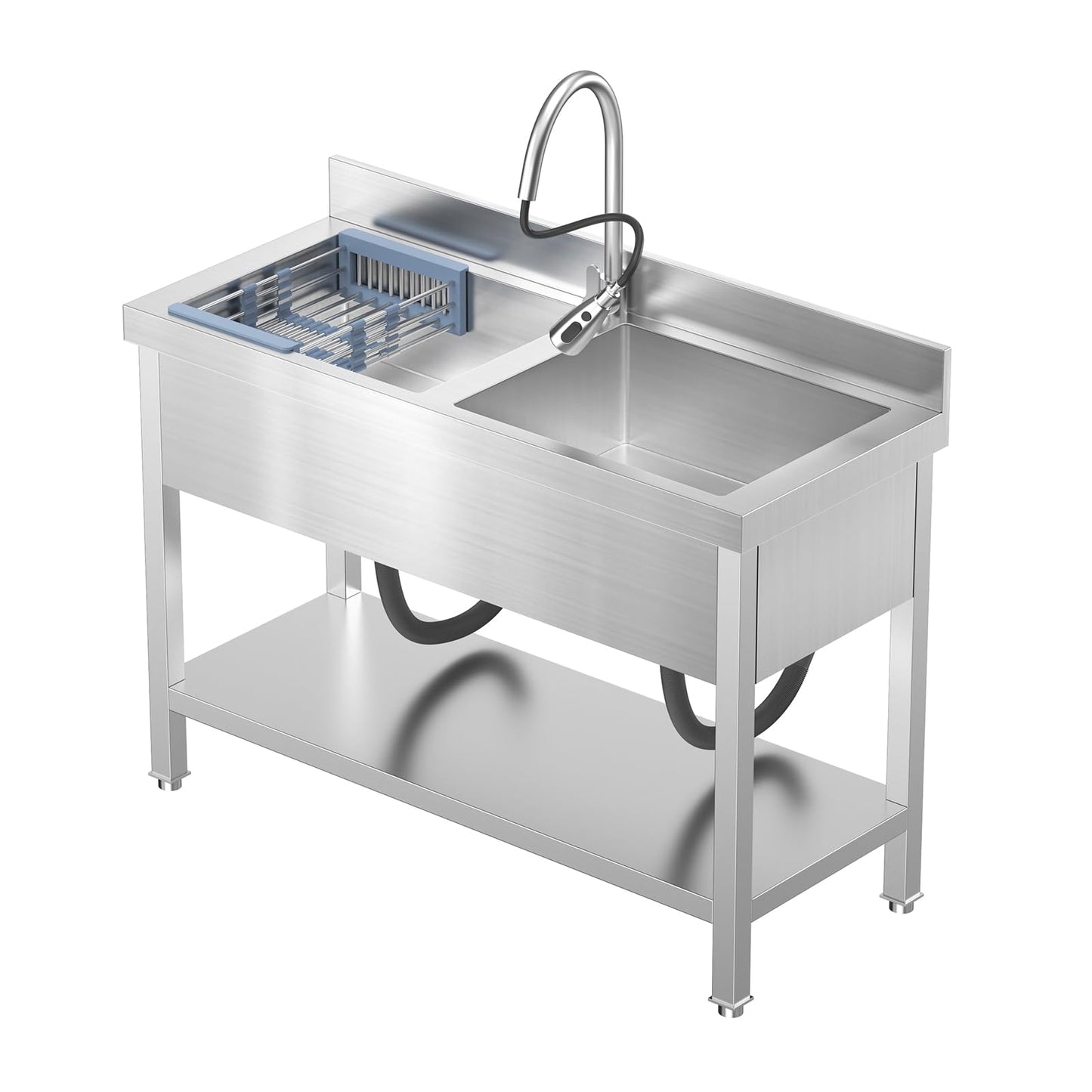Stainless Steel Utility Double Bowl Sink with Faucet ，Drainboard & Lower Shelf - Heavy Duty Kitchen Prep & Cleaning Station for Restaurant, Garage, Laundry Room.
