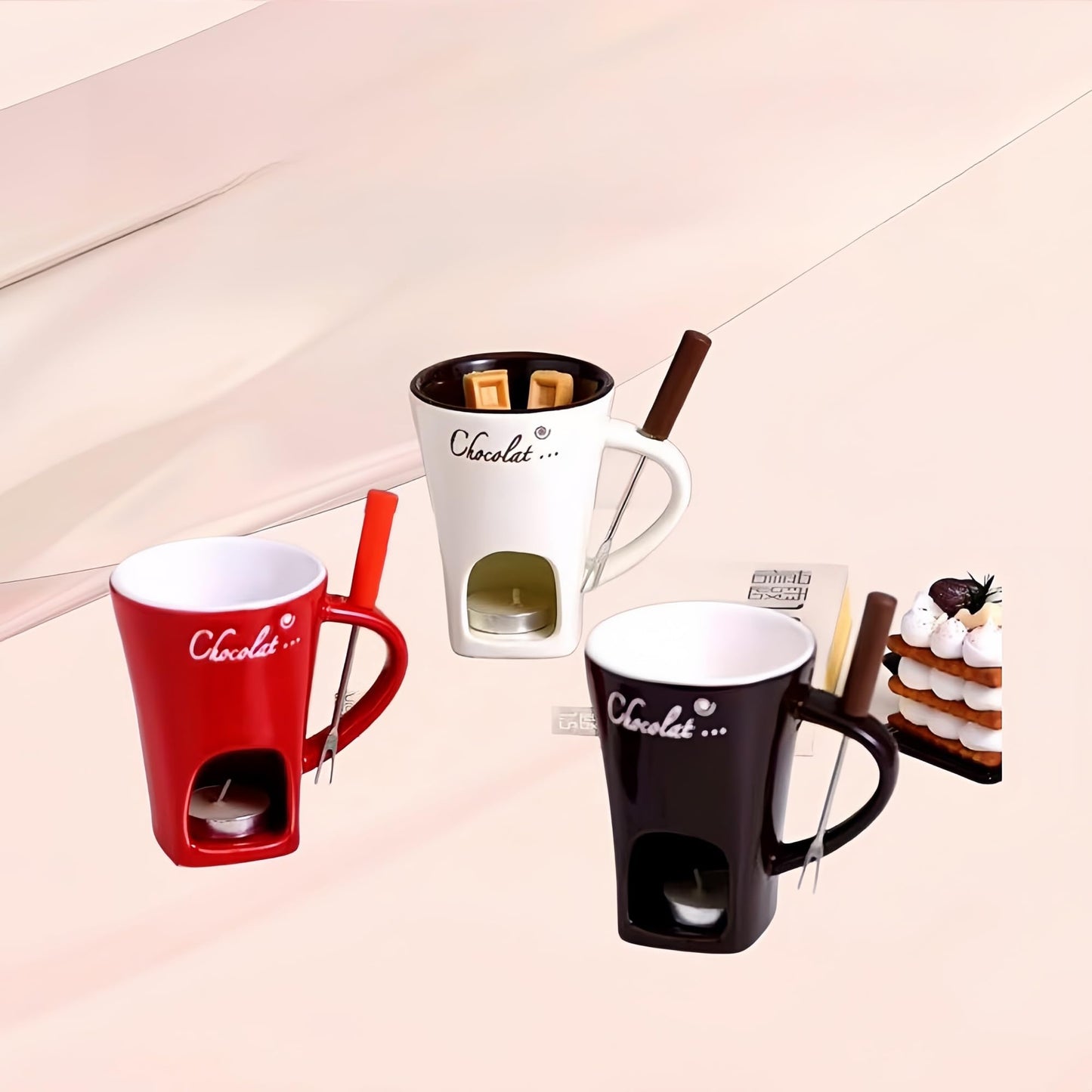 CREHNIL Chocolate Melting Mug Cheese Candy Mini Fondue Pot With Forks (Brown)