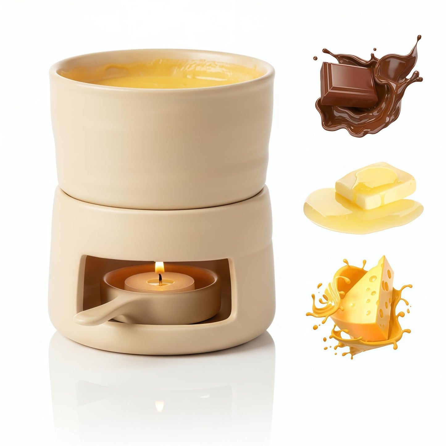 Sweet Fondue Mug with Candle Holder | Ceramic Chocolate Melting Cup & Reusable Candle Warmer Base | Mini Fondue Pot for Romantic Dates, Birthday Gifts (Wheat Yellow)