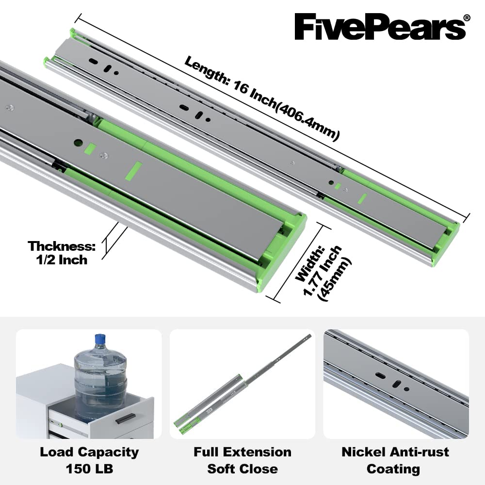 FivePears 6 Pairs 16 Inch Heavy Duty Soft Close Drawer Slides, 150 Lb Load Capacity Full Extension Ball Bearing Side Mount Drawer Runner, Rv Tool Box Kitchen Cabinet Drawer Self Closing Glide Rails