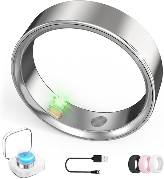 Smart Ring with Vibration Alerts, Health Tracker Ring with Body Temperature Monitor, Heart Rate, Sleep & Fitness Tracking, Waterproof Activity Ring for Men & Women, No App Fees (Silver, 8#)